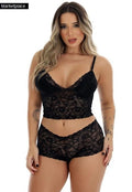 Conjunto Espera Marido de Renda Sem Bojo Caleçon e Cropped