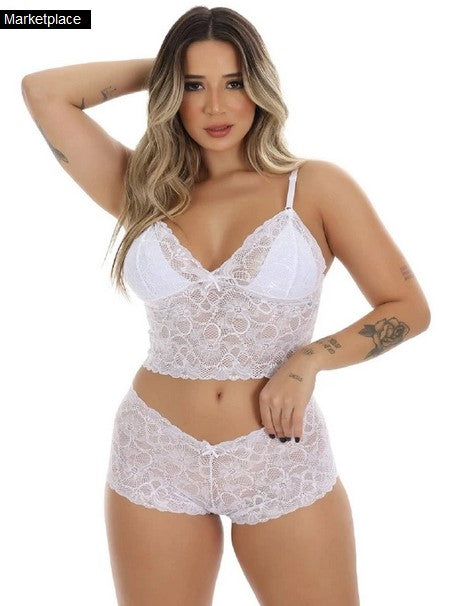 Conjunto Espera Marido de Renda Sem Bojo Caleçon e Cropped