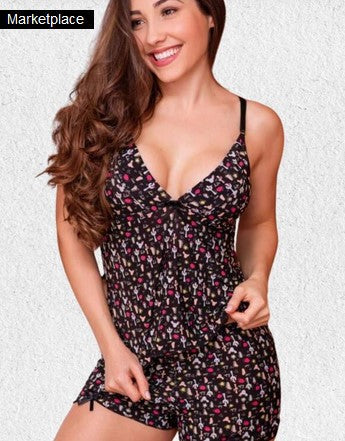 Baby Doll Estampado com Decote Profundo em Estampas Aleatórias